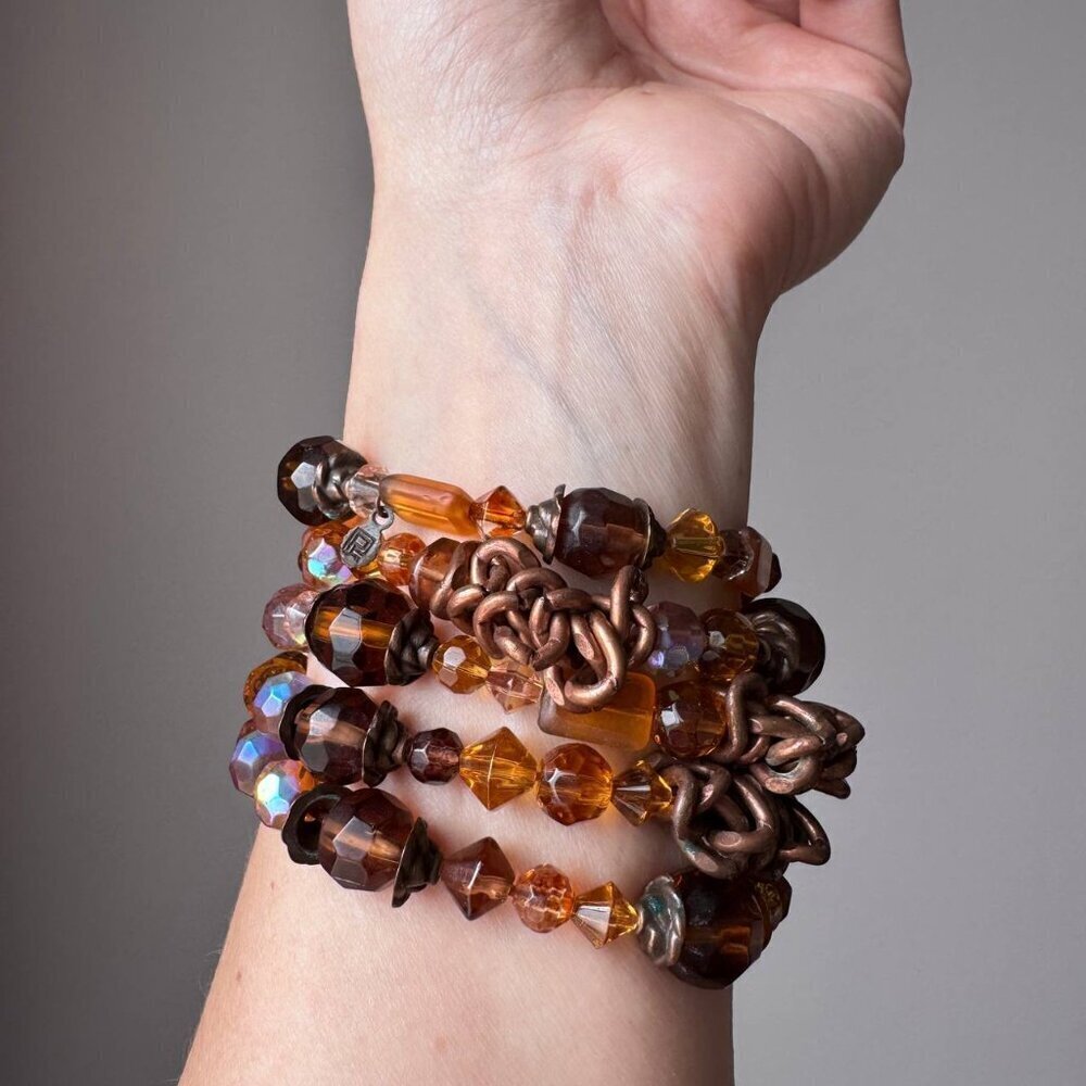 Boho-Chic Women’s Chunky Multilayer Bracelet with Crystals & Chains in Amber/Bro - Picture 6 of 7